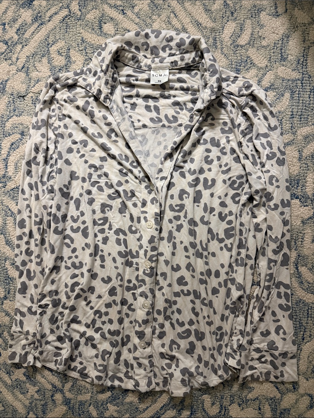 Soma Light Gray Leopard-Print Button Front pajama top